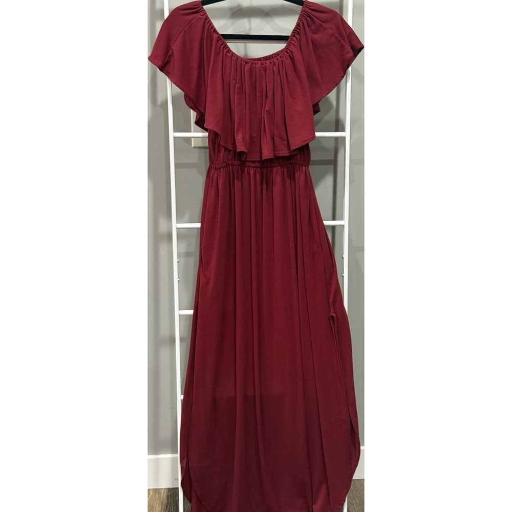 THANTH Burgundy Off Shoulder Ruffle Knit Maxi Dress Women's Size L Romantic Goth